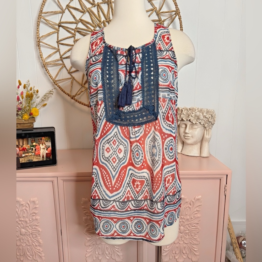 Joy Joy Sleeveless Top with Red and Blue Patterns